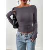 image:imagePRETTYGARDEN Long Sleeve Shirts for Women 2026 Fall Ruched Sides Boat Neck Basic Tee Casual Fitted Ribbed Knit Crop TopsDark Grey