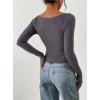image:imagePRETTYGARDEN Long Sleeve Shirts for Women 2026 Fall Ruched Sides Boat Neck Basic Tee Casual Fitted Ribbed Knit Crop TopsDark Grey