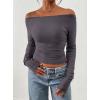 image:imagePRETTYGARDEN Long Sleeve Shirts for Women 2026 Fall Ruched Sides Boat Neck Basic Tee Casual Fitted Ribbed Knit Crop TopsDark Grey