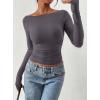 image:imagePRETTYGARDEN Long Sleeve Shirts for Women 2026 Fall Ruched Sides Boat Neck Basic Tee Casual Fitted Ribbed Knit Crop TopsDark Grey
