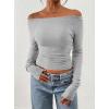 image:imagePRETTYGARDEN Long Sleeve Shirts for Women 2026 Fall Ruched Sides Boat Neck Basic Tee Casual Fitted Ribbed Knit Crop TopsGrey