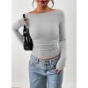 image:imagePRETTYGARDEN Long Sleeve Shirts for Women 2026 Fall Ruched Sides Boat Neck Basic Tee Casual Fitted Ribbed Knit Crop TopsGrey