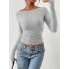 image:imagePRETTYGARDEN Long Sleeve Shirts for Women 2026 Fall Ruched Sides Boat Neck Basic Tee Casual Fitted Ribbed Knit Crop TopsGrey