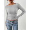 image:imagePRETTYGARDEN Long Sleeve Shirts for Women 2026 Fall Ruched Sides Boat Neck Basic Tee Casual Fitted Ribbed Knit Crop TopsGrey