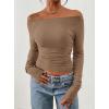 image:imagePRETTYGARDEN Long Sleeve Shirts for Women 2026 Fall Ruched Sides Boat Neck Basic Tee Casual Fitted Ribbed Knit Crop TopsKhaki