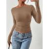 image:imagePRETTYGARDEN Long Sleeve Shirts for Women 2026 Fall Ruched Sides Boat Neck Basic Tee Casual Fitted Ribbed Knit Crop TopsKhaki