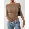 image:imagePRETTYGARDEN Long Sleeve Shirts for Women 2026 Fall Ruched Sides Boat Neck Basic Tee Casual Fitted Ribbed Knit Crop TopsKhaki