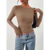 image:imagePRETTYGARDEN Long Sleeve Shirts for Women 2026 Fall Ruched Sides Boat Neck Basic Tee Casual Fitted Ribbed Knit Crop TopsKhaki