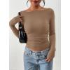 image:imagePRETTYGARDEN Long Sleeve Shirts for Women 2026 Fall Ruched Sides Boat Neck Basic Tee Casual Fitted Ribbed Knit Crop TopsKhaki