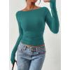 image:imagePRETTYGARDEN Long Sleeve Shirts for Women 2026 Fall Ruched Sides Boat Neck Basic Tee Casual Fitted Ribbed Knit Crop TopsLake Blue