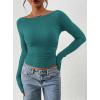 image:imagePRETTYGARDEN Long Sleeve Shirts for Women 2026 Fall Ruched Sides Boat Neck Basic Tee Casual Fitted Ribbed Knit Crop TopsLake Blue