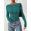 image:imagePRETTYGARDEN Long Sleeve Shirts for Women 2026 Fall Ruched Sides Boat Neck Basic Tee Casual Fitted Ribbed Knit Crop TopsLake Blue