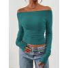 image:imagePRETTYGARDEN Long Sleeve Shirts for Women 2026 Fall Ruched Sides Boat Neck Basic Tee Casual Fitted Ribbed Knit Crop TopsLake Blue
