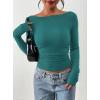 image:imagePRETTYGARDEN Long Sleeve Shirts for Women 2026 Fall Ruched Sides Boat Neck Basic Tee Casual Fitted Ribbed Knit Crop TopsLake Blue