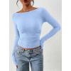 image:imagePRETTYGARDEN Long Sleeve Shirts for Women 2026 Fall Ruched Sides Boat Neck Basic Tee Casual Fitted Ribbed Knit Crop TopsLight Blue