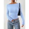 image:imagePRETTYGARDEN Long Sleeve Shirts for Women 2026 Fall Ruched Sides Boat Neck Basic Tee Casual Fitted Ribbed Knit Crop TopsLight Blue