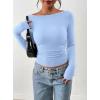 image:imagePRETTYGARDEN Long Sleeve Shirts for Women 2026 Fall Ruched Sides Boat Neck Basic Tee Casual Fitted Ribbed Knit Crop TopsLight Blue
