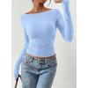 image:imagePRETTYGARDEN Long Sleeve Shirts for Women 2026 Fall Ruched Sides Boat Neck Basic Tee Casual Fitted Ribbed Knit Crop TopsLight Blue