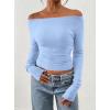 image:imagePRETTYGARDEN Long Sleeve Shirts for Women 2026 Fall Ruched Sides Boat Neck Basic Tee Casual Fitted Ribbed Knit Crop TopsLight Blue