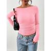 image:imagePRETTYGARDEN Long Sleeve Shirts for Women 2026 Fall Ruched Sides Boat Neck Basic Tee Casual Fitted Ribbed Knit Crop TopsLight Pink