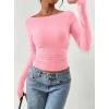 image:imagePRETTYGARDEN Long Sleeve Shirts for Women 2026 Fall Ruched Sides Boat Neck Basic Tee Casual Fitted Ribbed Knit Crop TopsLight Pink