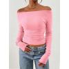 image:imagePRETTYGARDEN Long Sleeve Shirts for Women 2026 Fall Ruched Sides Boat Neck Basic Tee Casual Fitted Ribbed Knit Crop TopsLight Pink