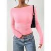 image:imagePRETTYGARDEN Long Sleeve Shirts for Women 2026 Fall Ruched Sides Boat Neck Basic Tee Casual Fitted Ribbed Knit Crop TopsLight Pink