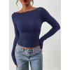 image:imagePRETTYGARDEN Long Sleeve Shirts for Women 2026 Fall Ruched Sides Boat Neck Basic Tee Casual Fitted Ribbed Knit Crop TopsNavy Blue