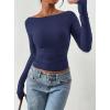image:imagePRETTYGARDEN Long Sleeve Shirts for Women 2026 Fall Ruched Sides Boat Neck Basic Tee Casual Fitted Ribbed Knit Crop TopsNavy Blue