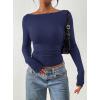 image:imagePRETTYGARDEN Long Sleeve Shirts for Women 2026 Fall Ruched Sides Boat Neck Basic Tee Casual Fitted Ribbed Knit Crop TopsNavy Blue