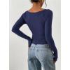 image:imagePRETTYGARDEN Long Sleeve Shirts for Women 2026 Fall Ruched Sides Boat Neck Basic Tee Casual Fitted Ribbed Knit Crop TopsNavy Blue