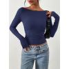 image:imagePRETTYGARDEN Long Sleeve Shirts for Women 2026 Fall Ruched Sides Boat Neck Basic Tee Casual Fitted Ribbed Knit Crop TopsNavy Blue