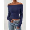 image:imagePRETTYGARDEN Long Sleeve Shirts for Women 2026 Fall Ruched Sides Boat Neck Basic Tee Casual Fitted Ribbed Knit Crop TopsNavy Blue