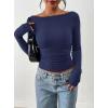 image:imagePRETTYGARDEN Long Sleeve Shirts for Women 2026 Fall Ruched Sides Boat Neck Basic Tee Casual Fitted Ribbed Knit Crop TopsNavy Blue