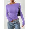image:imagePRETTYGARDEN Long Sleeve Shirts for Women 2026 Fall Ruched Sides Boat Neck Basic Tee Casual Fitted Ribbed Knit Crop TopsPurple Grey