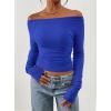 image:imagePRETTYGARDEN Long Sleeve Shirts for Women 2026 Fall Ruched Sides Boat Neck Basic Tee Casual Fitted Ribbed Knit Crop TopsRoyal Blue