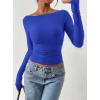 image:imagePRETTYGARDEN Long Sleeve Shirts for Women 2026 Fall Ruched Sides Boat Neck Basic Tee Casual Fitted Ribbed Knit Crop TopsRoyal Blue