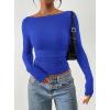 image:imagePRETTYGARDEN Long Sleeve Shirts for Women 2026 Fall Ruched Sides Boat Neck Basic Tee Casual Fitted Ribbed Knit Crop TopsRoyal Blue