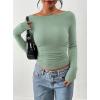 image:imagePRETTYGARDEN Long Sleeve Shirts for Women 2026 Fall Ruched Sides Boat Neck Basic Tee Casual Fitted Ribbed Knit Crop TopsSage Green