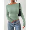 image:imagePRETTYGARDEN Long Sleeve Shirts for Women 2026 Fall Ruched Sides Boat Neck Basic Tee Casual Fitted Ribbed Knit Crop TopsSage Green