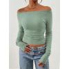 image:imagePRETTYGARDEN Long Sleeve Shirts for Women 2026 Fall Ruched Sides Boat Neck Basic Tee Casual Fitted Ribbed Knit Crop TopsSage Green