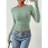 image:imagePRETTYGARDEN Long Sleeve Shirts for Women 2026 Fall Ruched Sides Boat Neck Basic Tee Casual Fitted Ribbed Knit Crop TopsSage Green