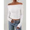 image:imagePRETTYGARDEN Long Sleeve Shirts for Women 2026 Fall Ruched Sides Boat Neck Basic Tee Casual Fitted Ribbed Knit Crop TopsWhite