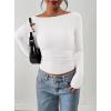 image:imagePRETTYGARDEN Long Sleeve Shirts for Women 2026 Fall Ruched Sides Boat Neck Basic Tee Casual Fitted Ribbed Knit Crop TopsWhite