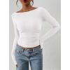 image:imagePRETTYGARDEN Long Sleeve Shirts for Women 2026 Fall Ruched Sides Boat Neck Basic Tee Casual Fitted Ribbed Knit Crop TopsWhite