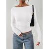 image:imagePRETTYGARDEN Long Sleeve Shirts for Women 2026 Fall Ruched Sides Boat Neck Basic Tee Casual Fitted Ribbed Knit Crop TopsWhite