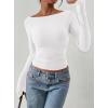 image:imagePRETTYGARDEN Long Sleeve Shirts for Women 2026 Fall Ruched Sides Boat Neck Basic Tee Casual Fitted Ribbed Knit Crop TopsWhite