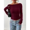 image:imagePRETTYGARDEN Long Sleeve Shirts for Women 2026 Fall Ruched Sides Boat Neck Basic Tee Casual Fitted Ribbed Knit Crop TopsWine Red