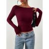 image:imagePRETTYGARDEN Long Sleeve Shirts for Women 2026 Fall Ruched Sides Boat Neck Basic Tee Casual Fitted Ribbed Knit Crop TopsWine Red