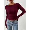 image:imagePRETTYGARDEN Long Sleeve Shirts for Women 2026 Fall Ruched Sides Boat Neck Basic Tee Casual Fitted Ribbed Knit Crop TopsWine Red